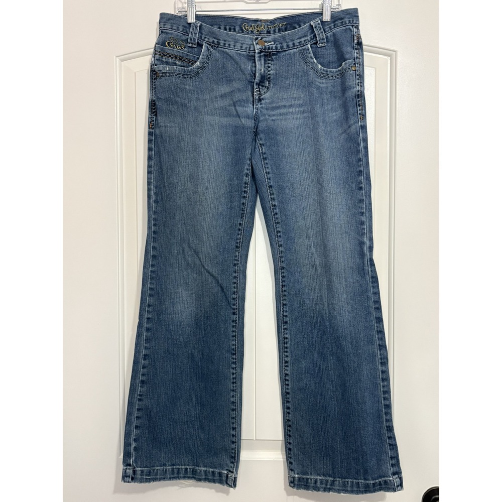 Cruel Girl Slim Fit Bootcut Jeans Med Wash Blue Distressed Hem 7 Reg Y2K Cowgirl